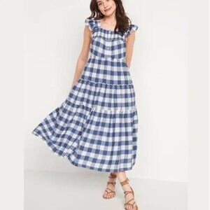 Old Navy Women's Blue Flutter Sleeve Tiered Smocked Gingham Midi Swing Dress 2X
